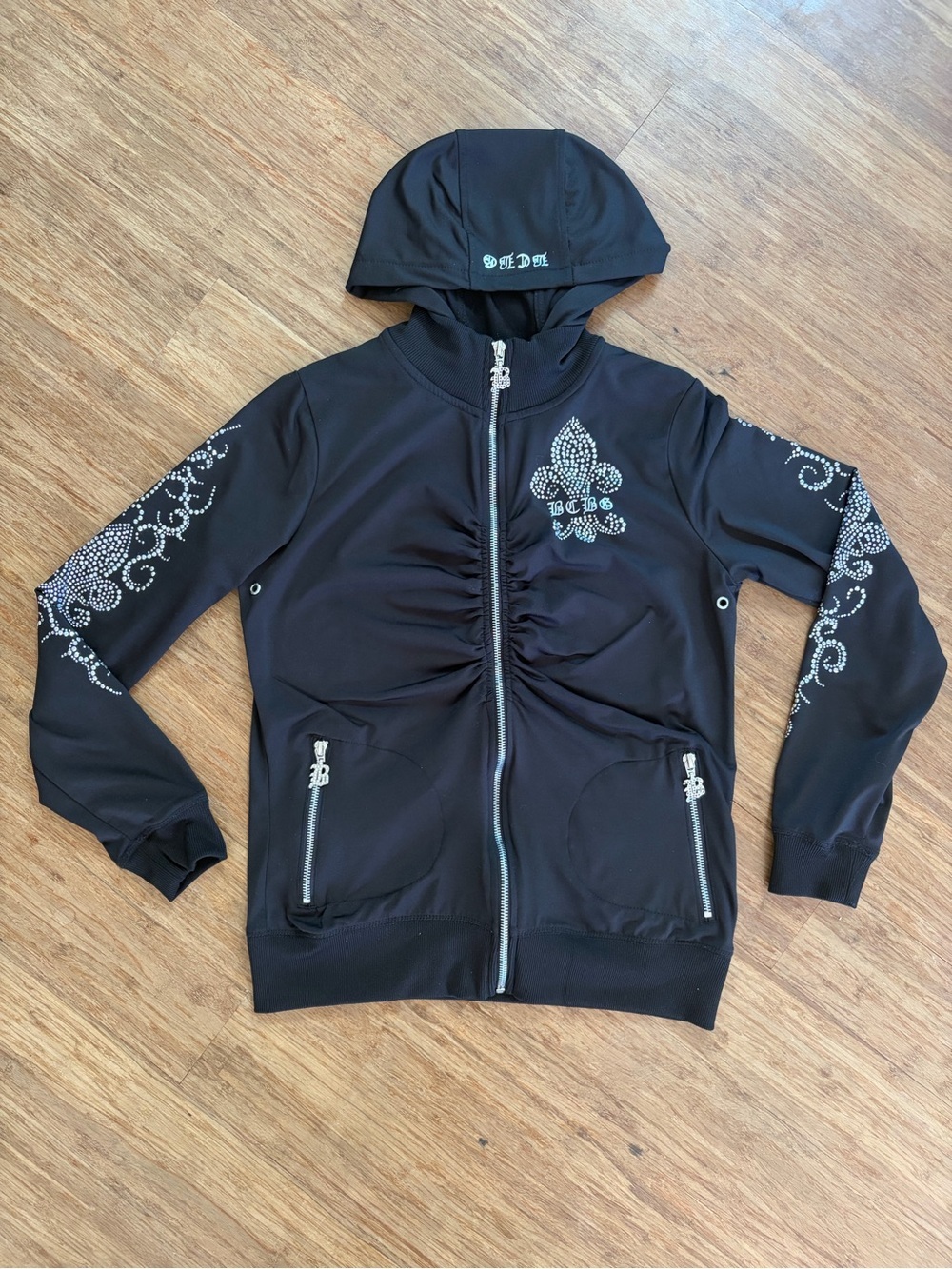 BCBG Max Azria Y2K Rhinestone Fleur De Lis Zip Up Hoodie Jacket Black Medium